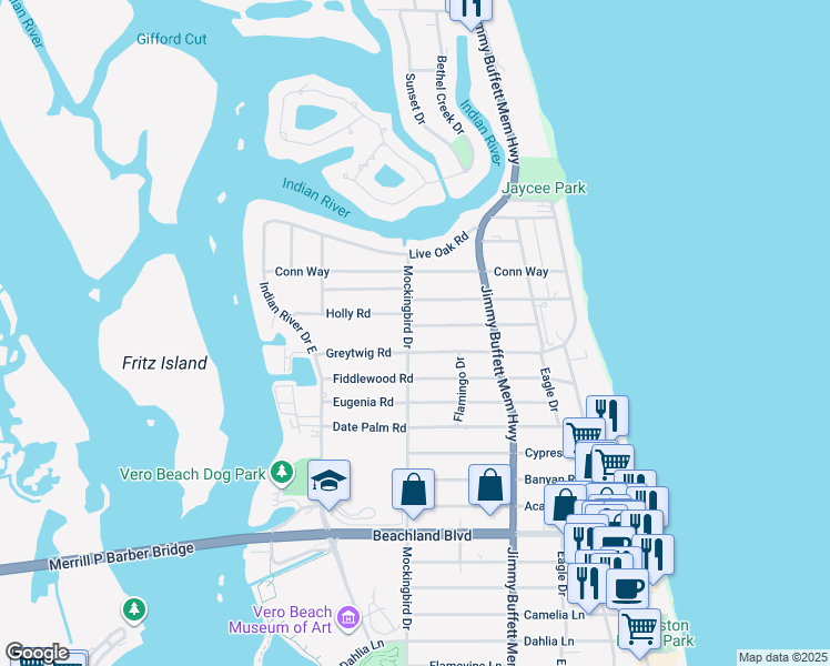 map of restaurants, bars, coffee shops, grocery stores, and more near 515 Greytwig Road in Vero Beach