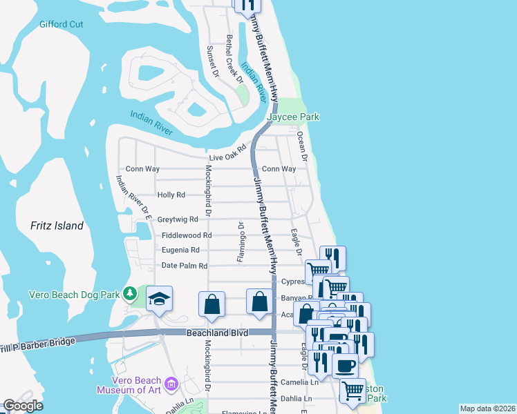 map of restaurants, bars, coffee shops, grocery stores, and more near 705 Greytwig Road in Vero Beach