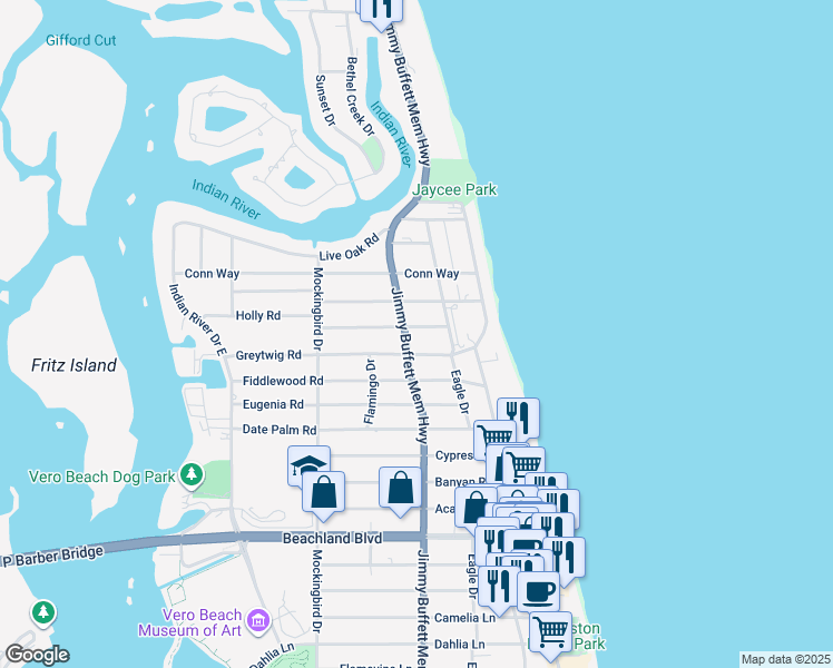 map of restaurants, bars, coffee shops, grocery stores, and more near 705 Greytwig Road in Vero Beach