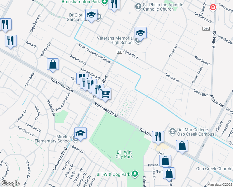 map of restaurants, bars, coffee shops, grocery stores, and more near 6529 Philmont Lake Drive in Corpus Christi
