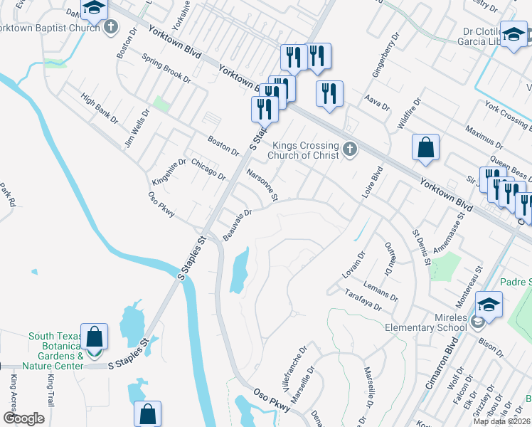 map of restaurants, bars, coffee shops, grocery stores, and more near 7714 Beauvais Drive in Corpus Christi