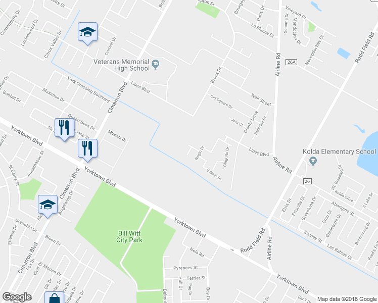 map of restaurants, bars, coffee shops, grocery stores, and more near Tateway Court in Corpus Christi