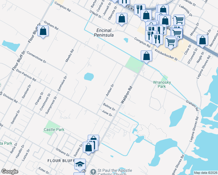 map of restaurants, bars, coffee shops, grocery stores, and more near 1649 Amber Drive in Corpus Christi