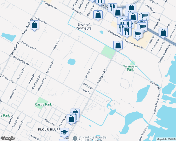 map of restaurants, bars, coffee shops, grocery stores, and more near 1649 Amber Drive in Corpus Christi