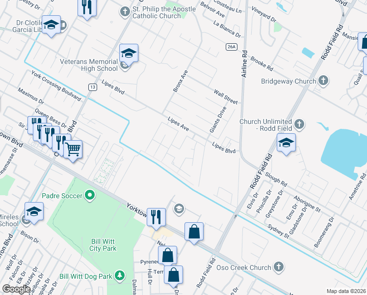map of restaurants, bars, coffee shops, grocery stores, and more near 6915 Tillet Court in Corpus Christi