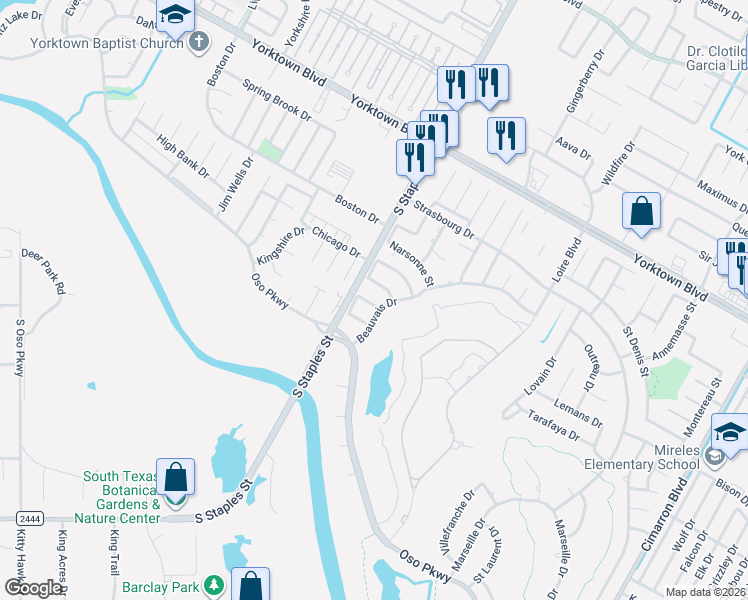 map of restaurants, bars, coffee shops, grocery stores, and more near 7802 Beauvais Drive in Corpus Christi