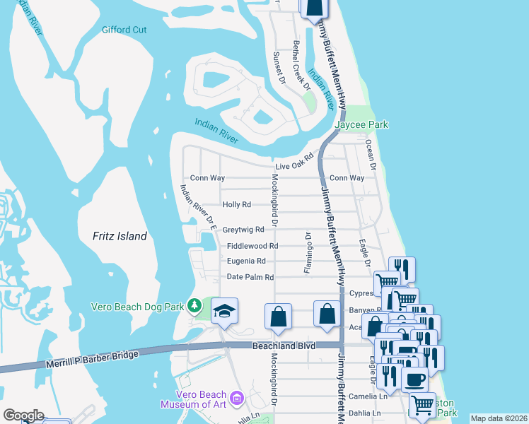 map of restaurants, bars, coffee shops, grocery stores, and more near 445 Greytwig Road in Vero Beach