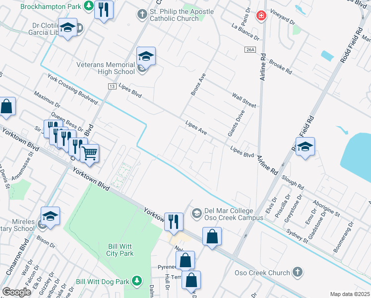 map of restaurants, bars, coffee shops, grocery stores, and more near 6806 Eckner Drive in Corpus Christi