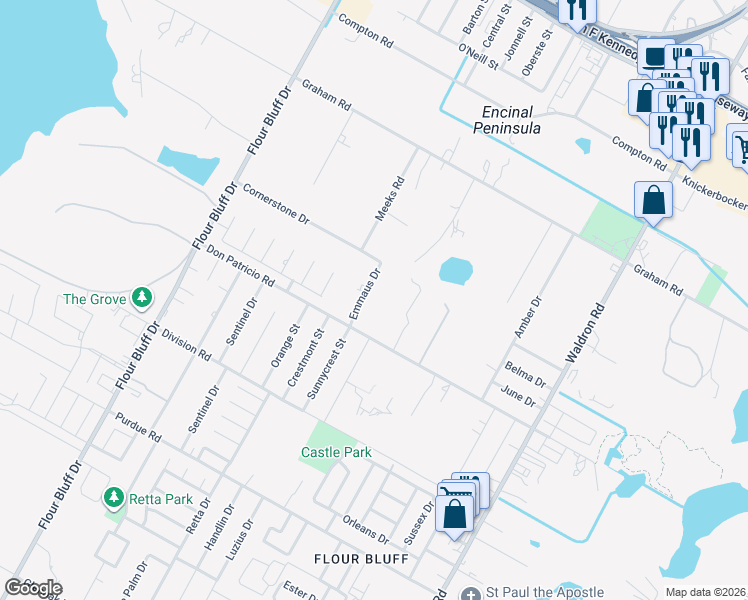 map of restaurants, bars, coffee shops, grocery stores, and more near 1841 Emmaus Drive in Corpus Christi