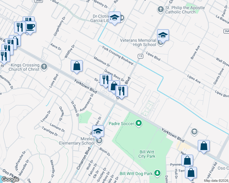 map of restaurants, bars, coffee shops, grocery stores, and more near 6346 Yorktown Boulevard in Corpus Christi