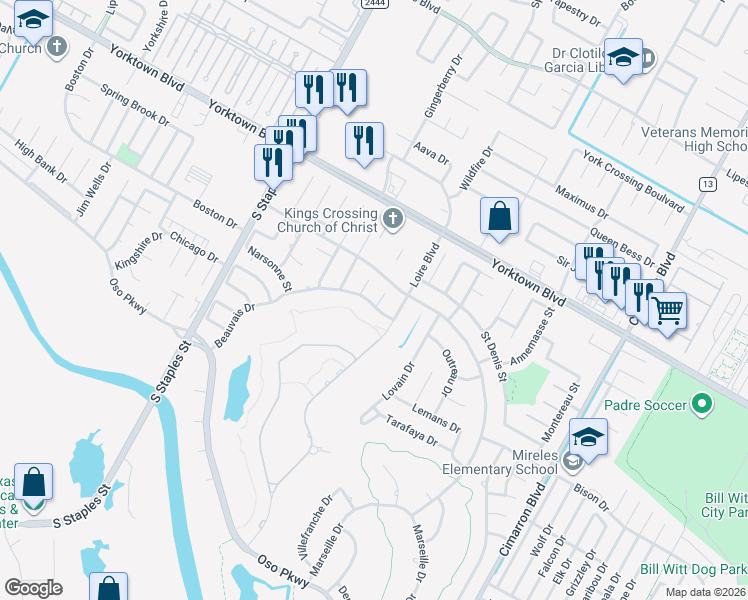 map of restaurants, bars, coffee shops, grocery stores, and more near 5922 Beauvais Drive in Corpus Christi