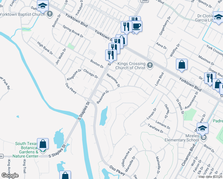map of restaurants, bars, coffee shops, grocery stores, and more near 7714 Beauvais Drive in Corpus Christi