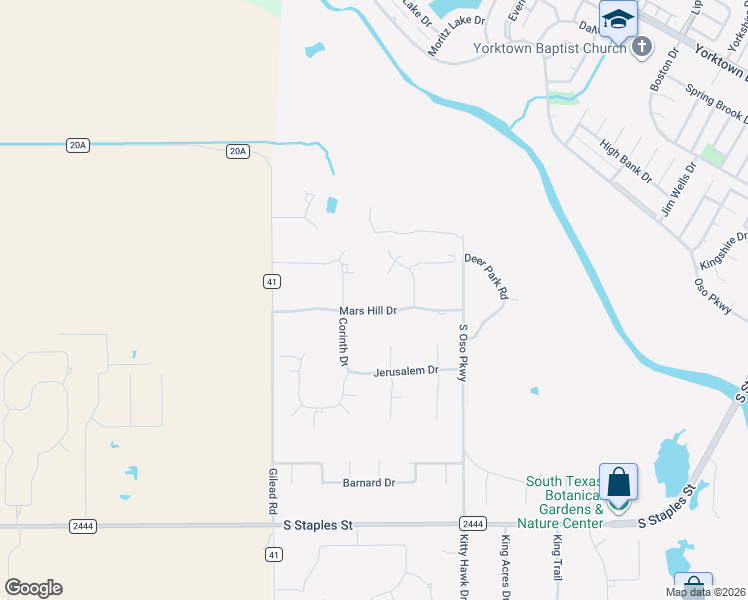 map of restaurants, bars, coffee shops, grocery stores, and more near 4605 Mars Hill Drive in Corpus Christi