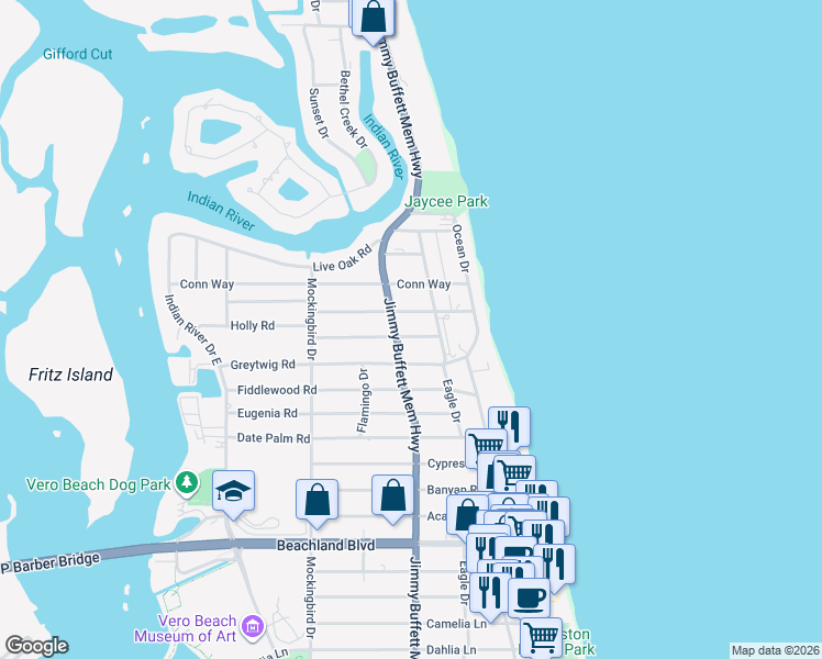 map of restaurants, bars, coffee shops, grocery stores, and more near 715 Indian Lilac Road in Vero Beach