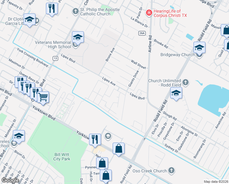 map of restaurants, bars, coffee shops, grocery stores, and more near 6818 Truxton Drive in Corpus Christi