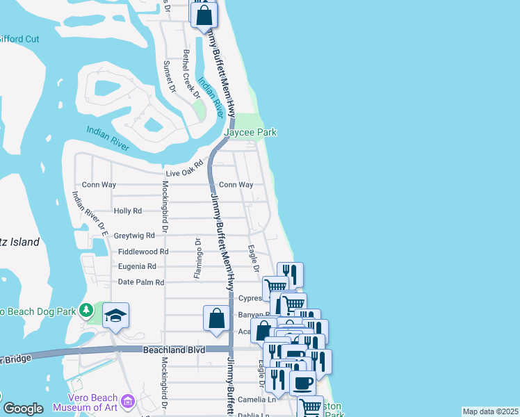 map of restaurants, bars, coffee shops, grocery stores, and more near 3939 Ocean Drive in Vero Beach