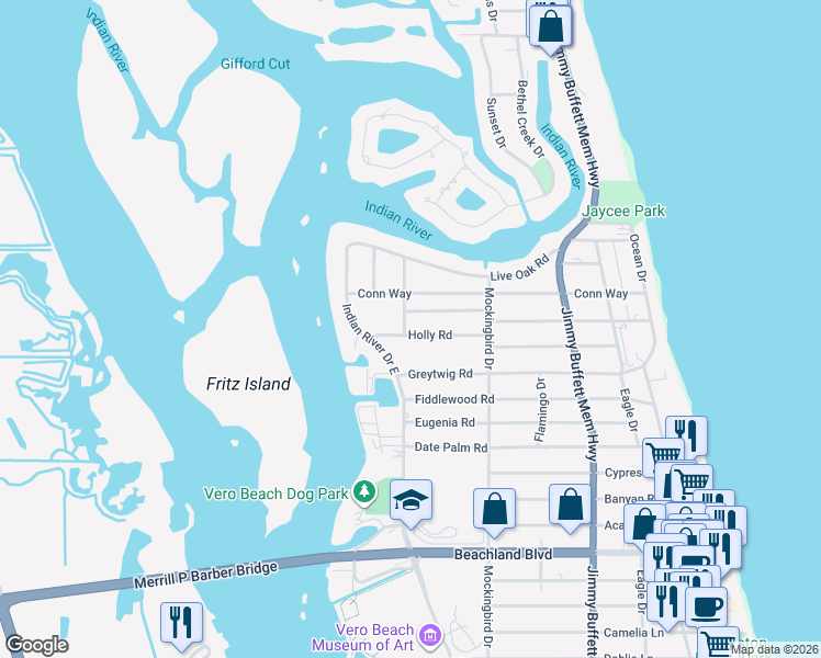 map of restaurants, bars, coffee shops, grocery stores, and more near 318 Indian Lilac Road in Vero Beach
