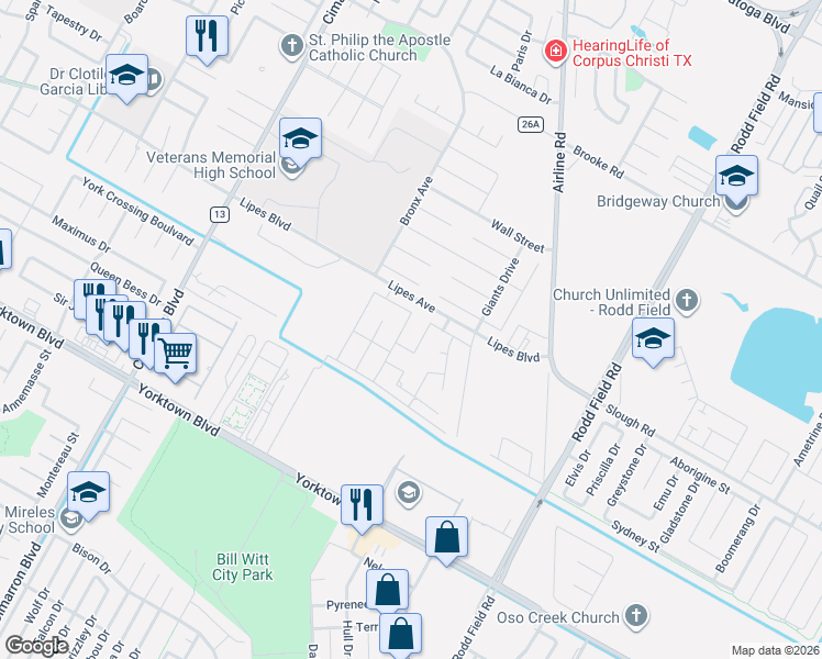 map of restaurants, bars, coffee shops, grocery stores, and more near 3806 Negin Drive in Corpus Christi