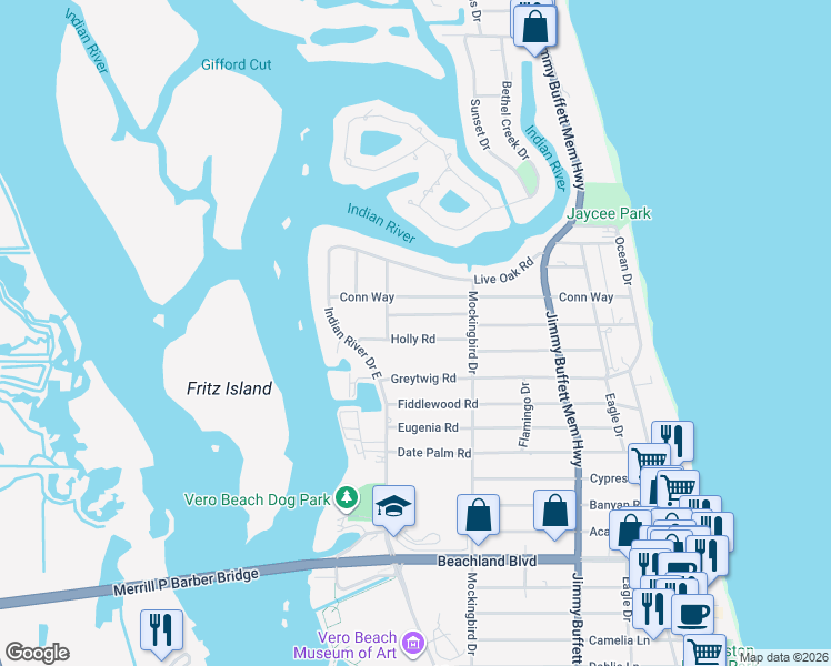 map of restaurants, bars, coffee shops, grocery stores, and more near 318 Indian Lilac Road in Vero Beach