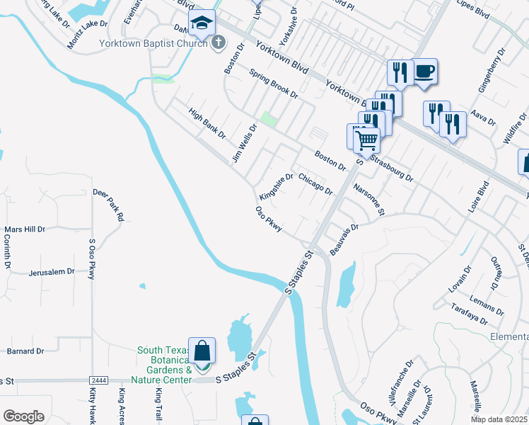 map of restaurants, bars, coffee shops, grocery stores, and more near 5510 Oso Parkway in Corpus Christi