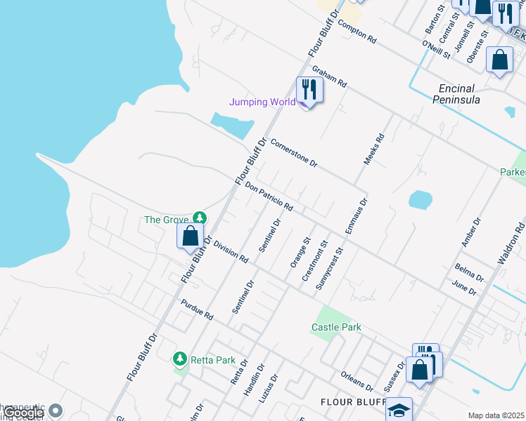 map of restaurants, bars, coffee shops, grocery stores, and more near 1914 Woodcrest Drive in Corpus Christi