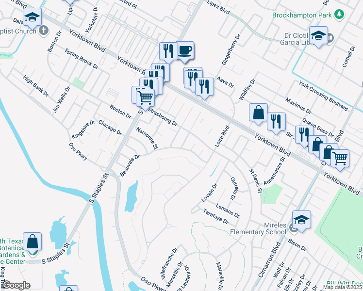 map of restaurants, bars, coffee shops, grocery stores, and more near 7614 Beau Terre in Corpus Christi