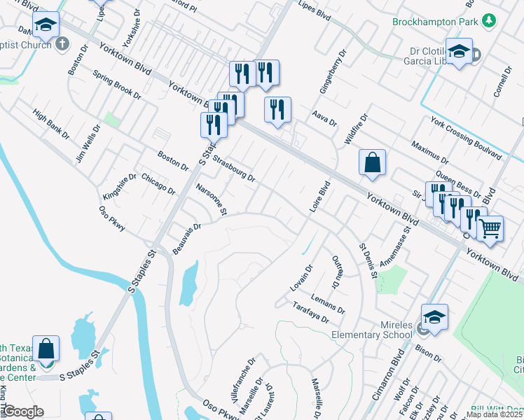 map of restaurants, bars, coffee shops, grocery stores, and more near 7614 Beau Terre in Corpus Christi