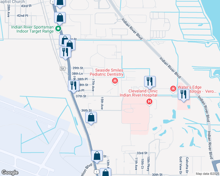 map of restaurants, bars, coffee shops, grocery stores, and more near 1310 37th St in Vero Beach