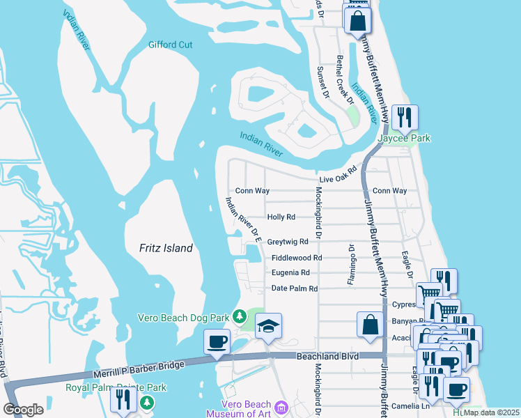 map of restaurants, bars, coffee shops, grocery stores, and more near 3905 Sabal Palm Drive in Vero Beach
