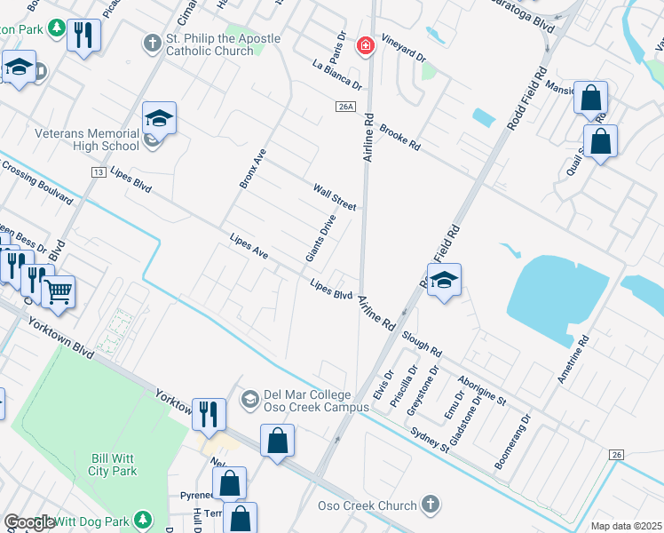 map of restaurants, bars, coffee shops, grocery stores, and more near 3726 Berkeley Drive in Corpus Christi