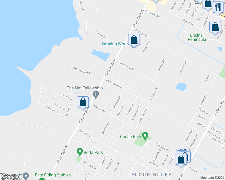 map of restaurants, bars, coffee shops, grocery stores, and more near 1914 Woodcrest Drive in Corpus Christi