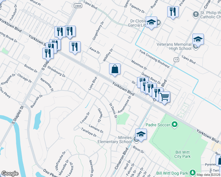 map of restaurants, bars, coffee shops, grocery stores, and more near 6129 Maramet Drive in Corpus Christi