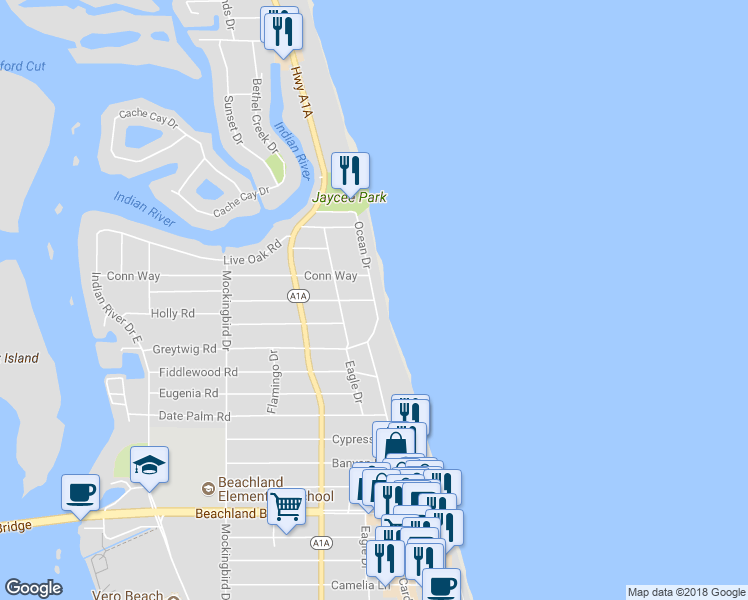 map of restaurants, bars, coffee shops, grocery stores, and more near 4001 Ocean Drive in Vero Beach