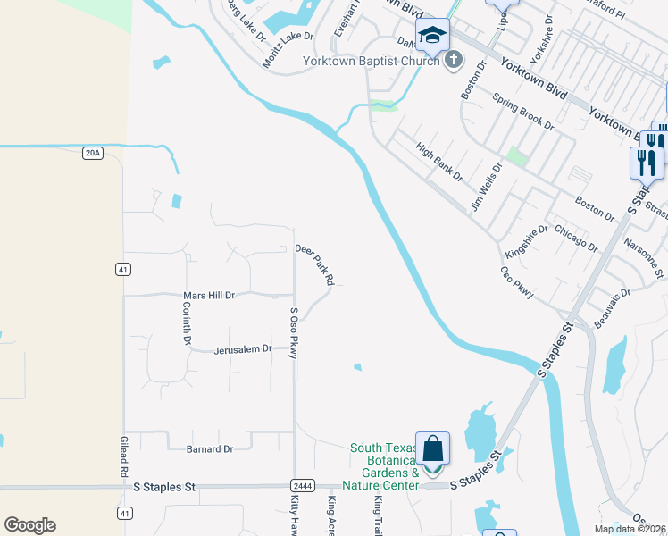 map of restaurants, bars, coffee shops, grocery stores, and more near 4950 Deer Park Road in Corpus Christi