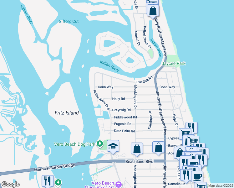 map of restaurants, bars, coffee shops, grocery stores, and more near 318 Indian Lilac Rd in Vero Beach