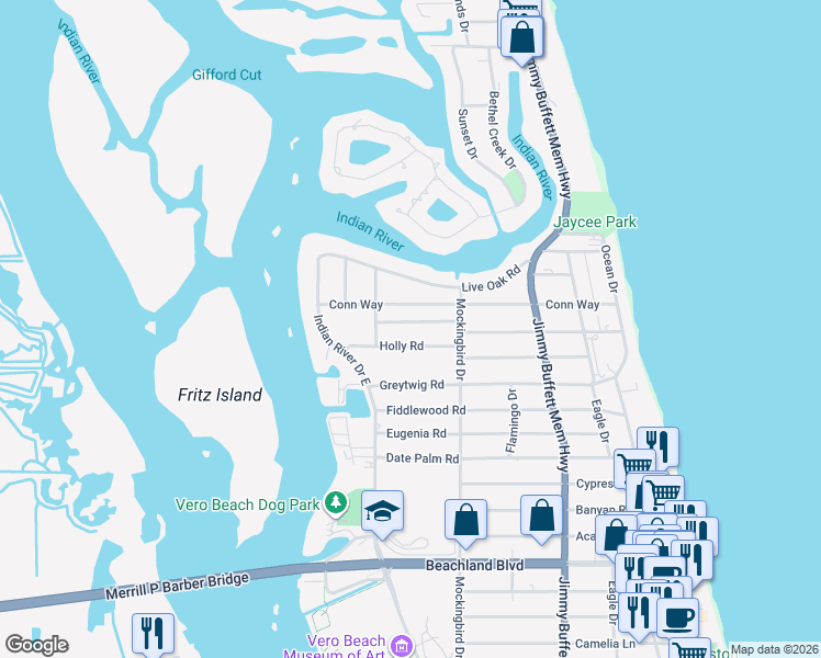 map of restaurants, bars, coffee shops, grocery stores, and more near 318 Indian Lilac Road in Vero Beach