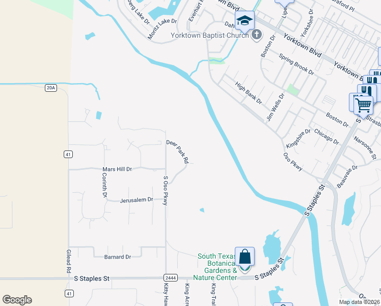 map of restaurants, bars, coffee shops, grocery stores, and more near 4950 Deer Park Road in Corpus Christi