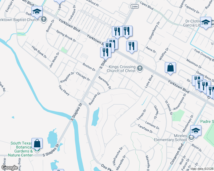 map of restaurants, bars, coffee shops, grocery stores, and more near 5705 Narsonne Street in Corpus Christi