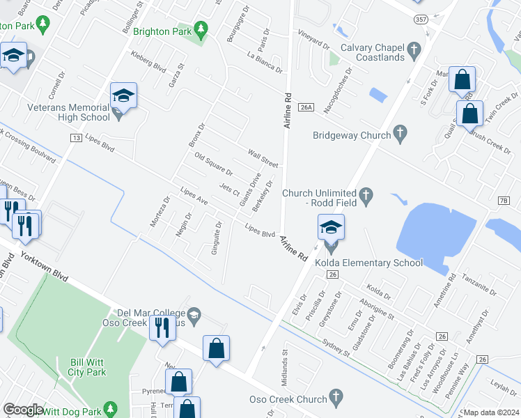 map of restaurants, bars, coffee shops, grocery stores, and more near 3722 Berkeley Drive in Corpus Christi