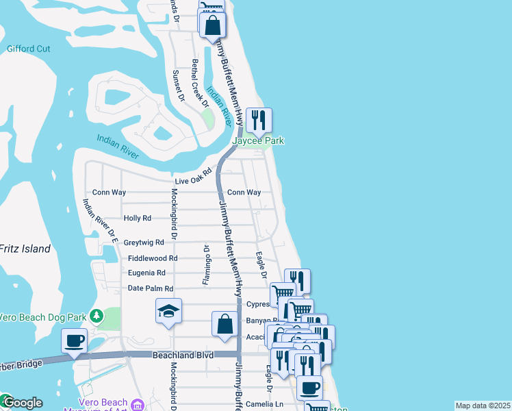 map of restaurants, bars, coffee shops, grocery stores, and more near 4036 Silver Palm Drive in Vero Beach