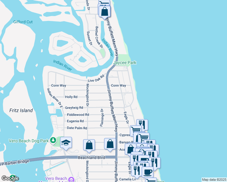 map of restaurants, bars, coffee shops, grocery stores, and more near 715 Indian Lilac Road in Vero Beach