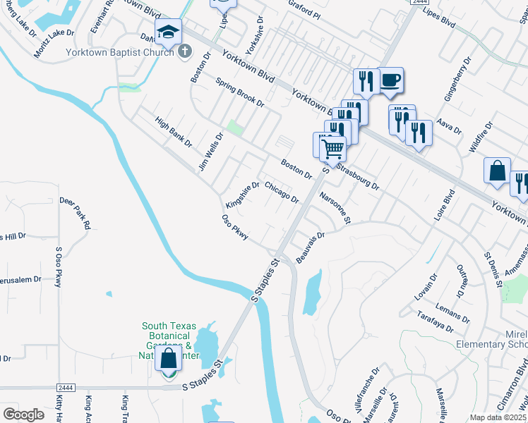 map of restaurants, bars, coffee shops, grocery stores, and more near 7826 Damsel Street in Corpus Christi