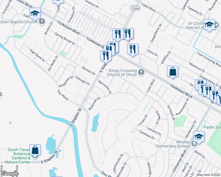 map of restaurants, bars, coffee shops, grocery stores, and more near 5705 Narsonne Street in Corpus Christi
