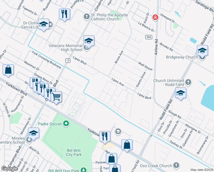 map of restaurants, bars, coffee shops, grocery stores, and more near 3901 Tateway Court in Corpus Christi