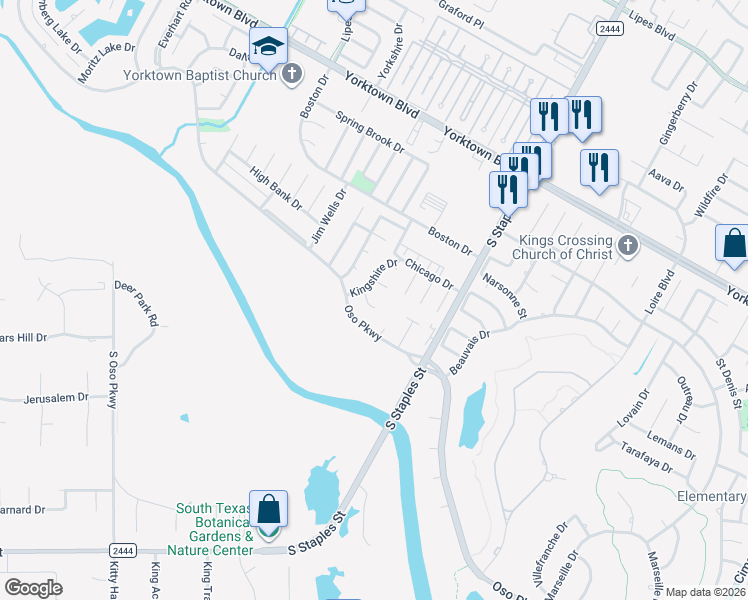 map of restaurants, bars, coffee shops, grocery stores, and more near 5518 Queensborough Circle in Corpus Christi