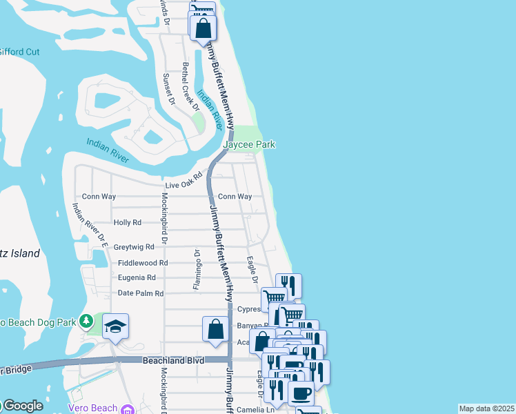 map of restaurants, bars, coffee shops, grocery stores, and more near 3939 Ocean Drive in Vero Beach