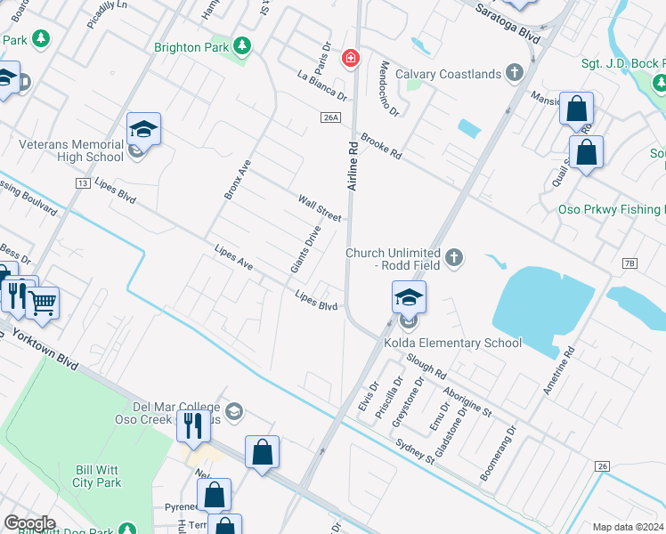 map of restaurants, bars, coffee shops, grocery stores, and more near 3701 Airline Road in Corpus Christi