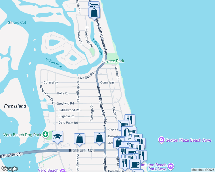 map of restaurants, bars, coffee shops, grocery stores, and more near 4036 Silver Palm Drive in Vero Beach