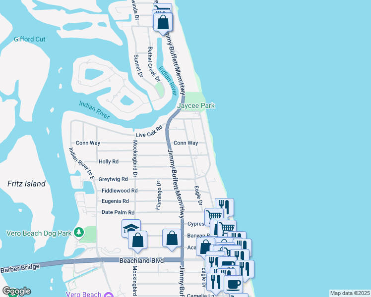 map of restaurants, bars, coffee shops, grocery stores, and more near 4036 Silver Palm Drive in Vero Beach