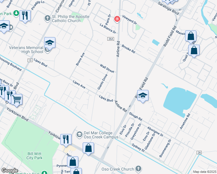 map of restaurants, bars, coffee shops, grocery stores, and more near 3722 Berkeley Drive in Corpus Christi